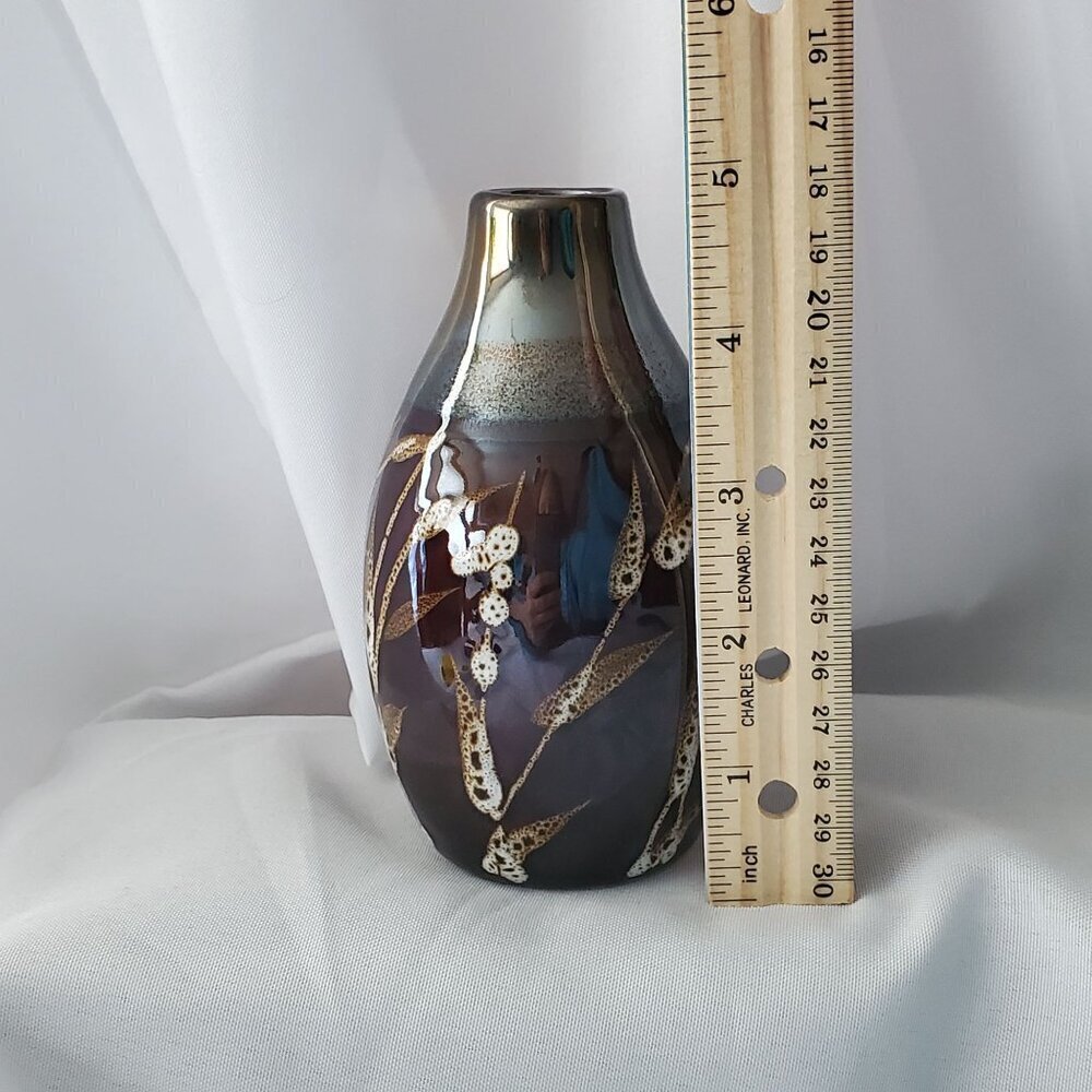 VTG Ceramic 5" Vase With Metallic Finish Brown with Wheat Design Bud Vase - Picture 11 of 12